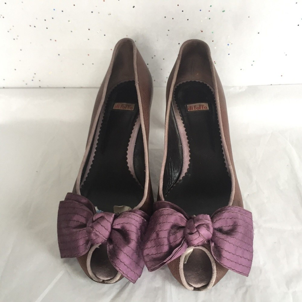 di Lotto Brown Leather Peep Toe Pump Kitten Heel Purple Satin Bow  Size 38 Italy
